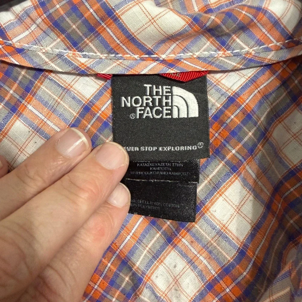 The North Face Mens XXL Plaid Short Sleeve Button Down Shirt Orange Blue White